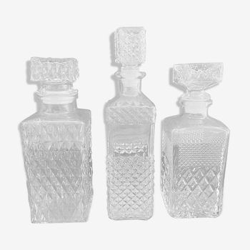 Set of 3 bottle vintage molded glass whiskey decanter