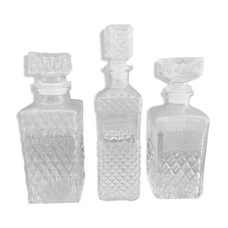 Set of 3 bottle vintage molded glass whiskey decanter