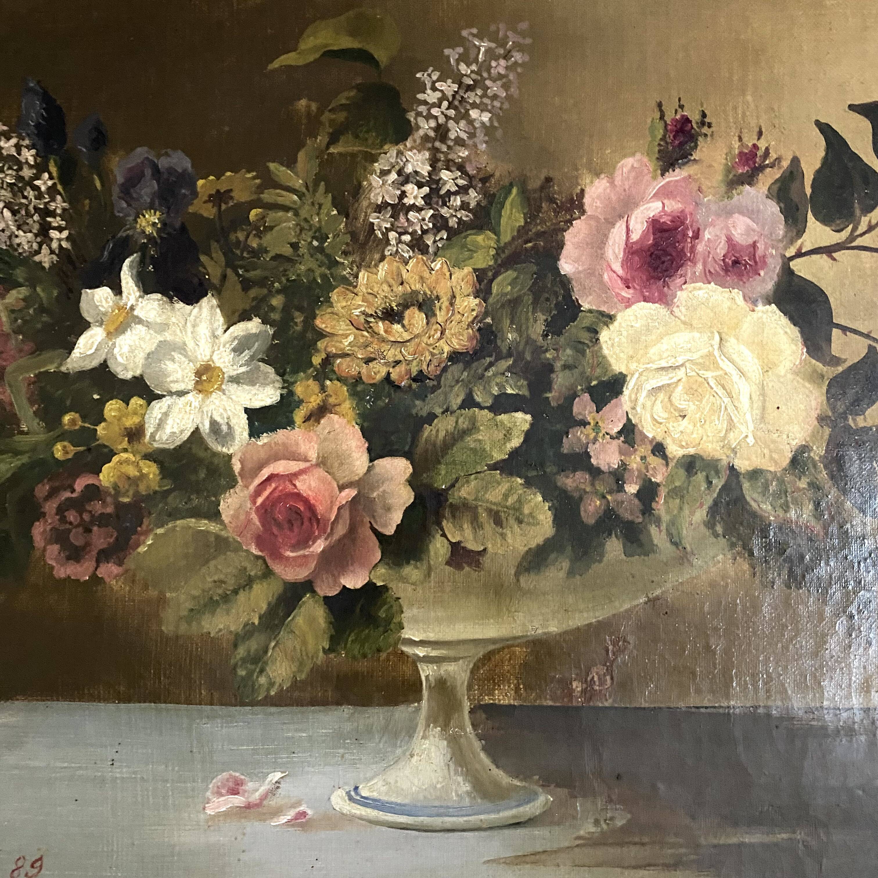 Old oil on canvas Bouquet, still life Tosello J. 19th