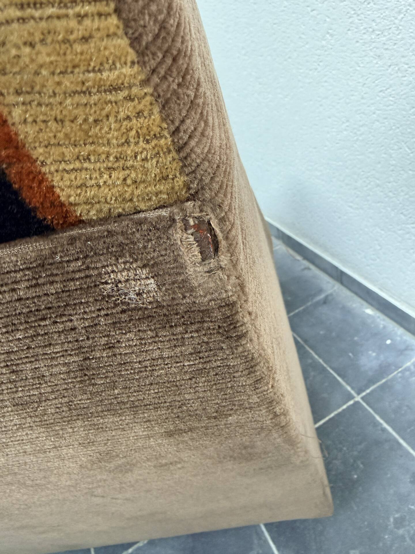 Vintage 1970s lounge chair – striped orange, brown, and cream velvet