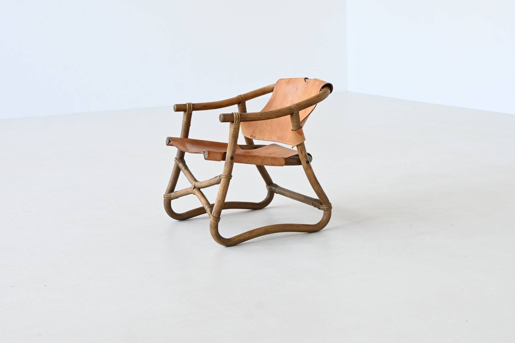Espri safari chair in cognac leather and bamboo IKEA Sweden 1970