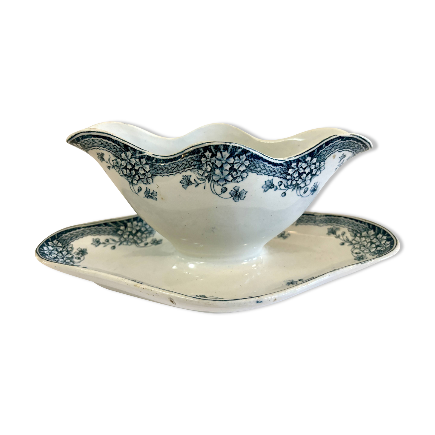 Blue and white iron earth gravy boat