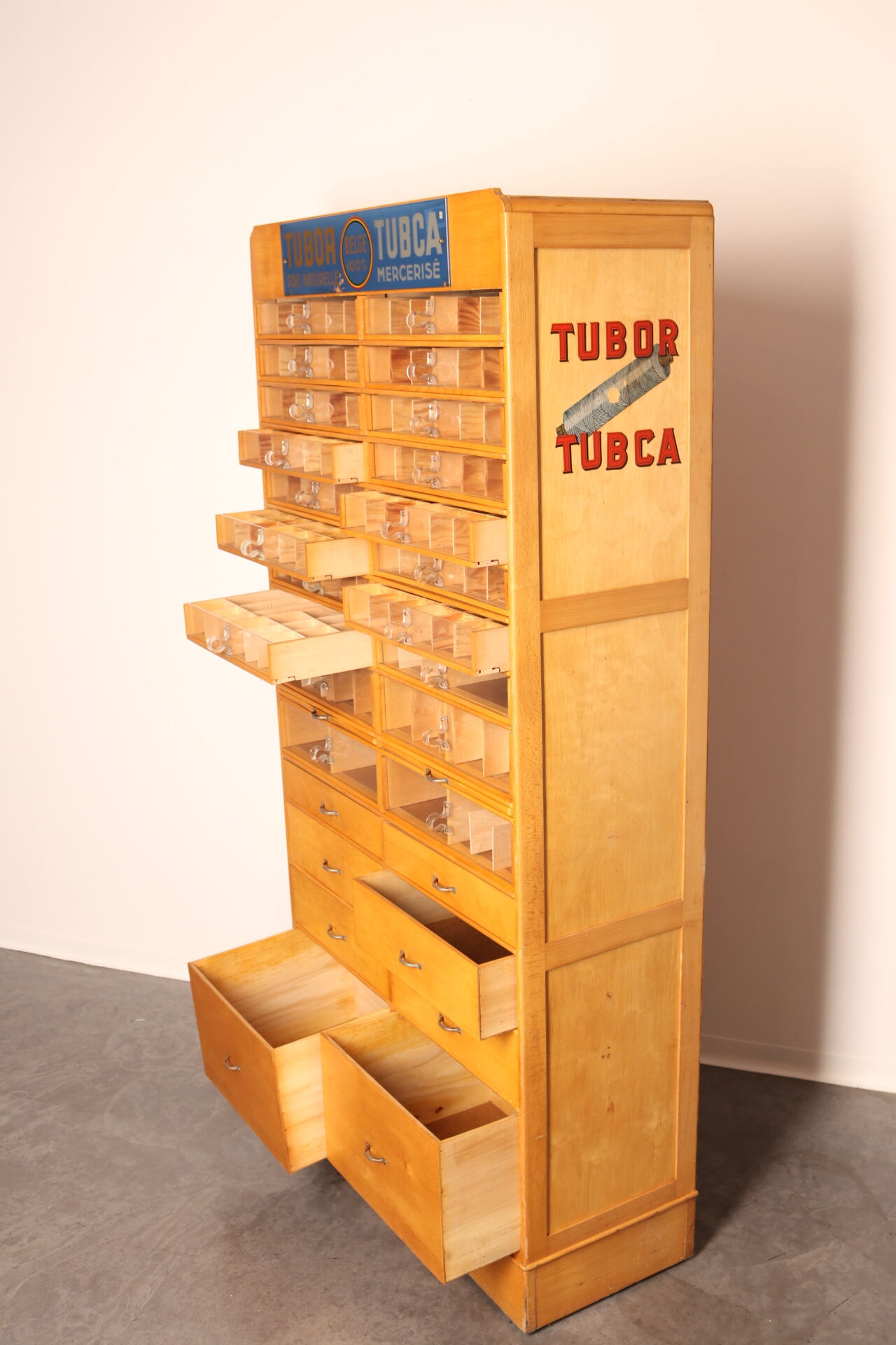 Xl vintage haberdashery 'tubor tubca' by poreye & fils - belgium - 1950's