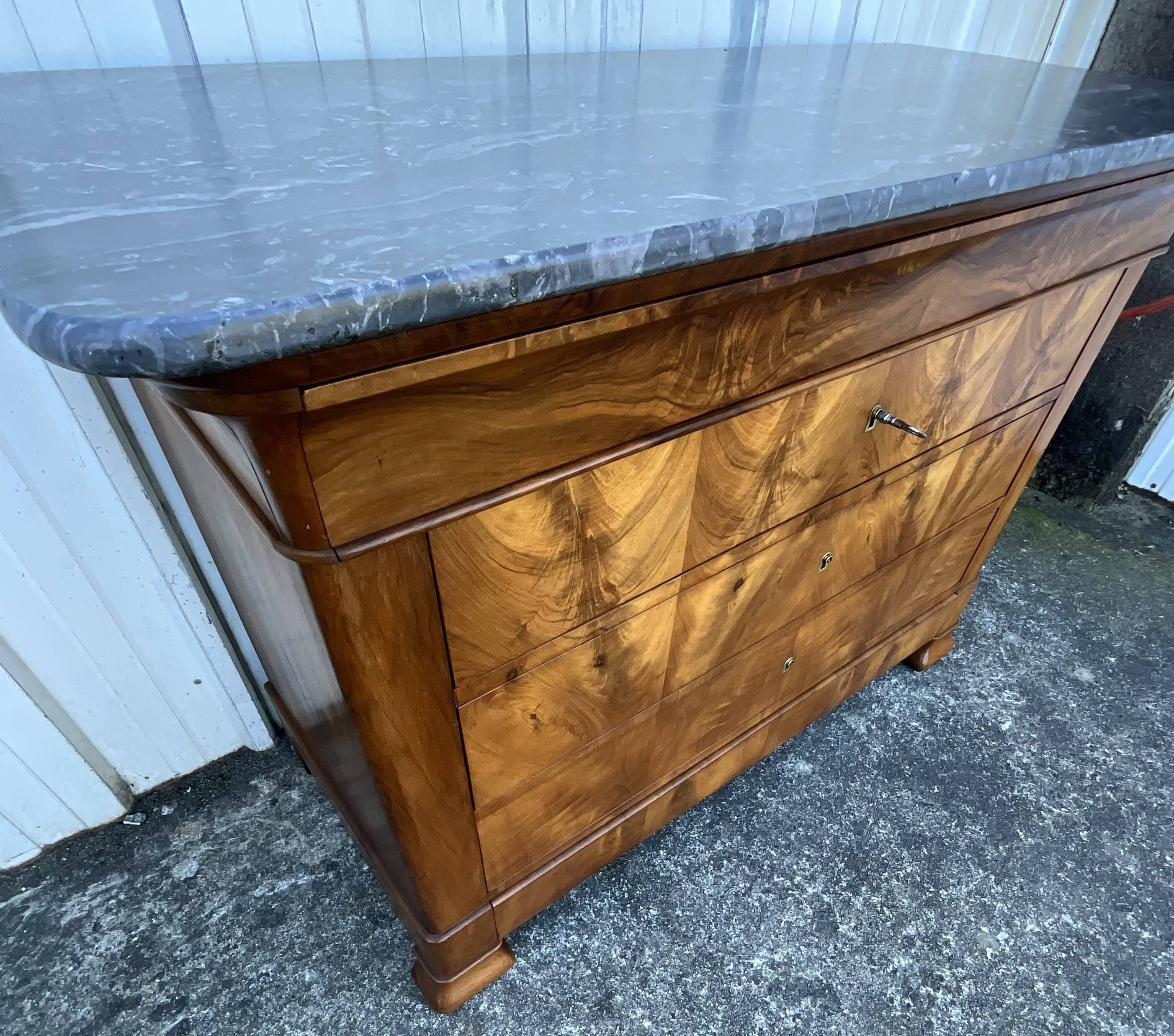 Louis-Philippe commode in burr walnut, Saint-Anne grey marble, mid-century