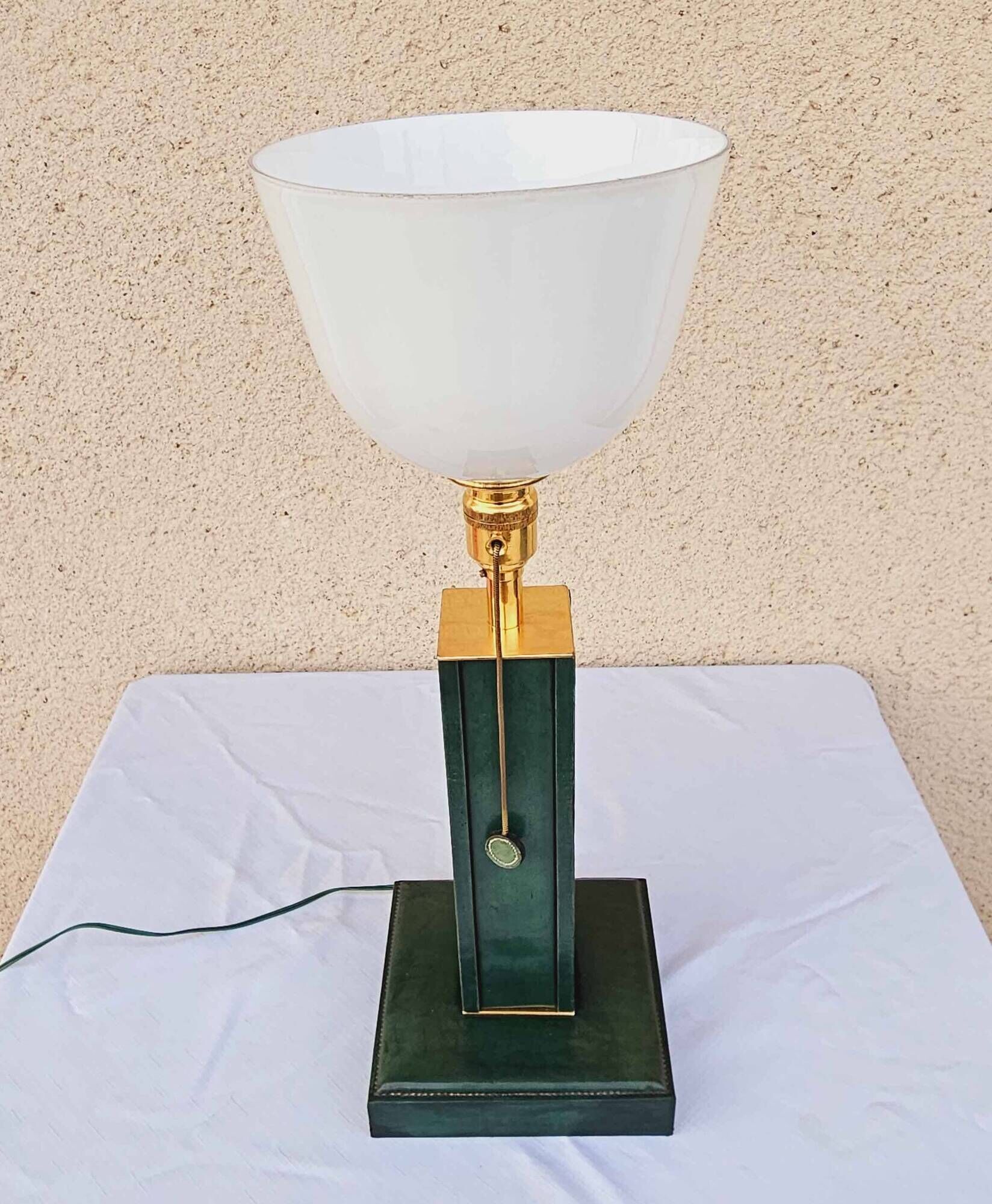 1940 Lamp Leather & Golden Brass Maison Chalmette in Paris Ht 55 cm