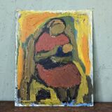 Peinture à l’huile figurative vintage non encadrée moderne du milieu du siècle « Affection »