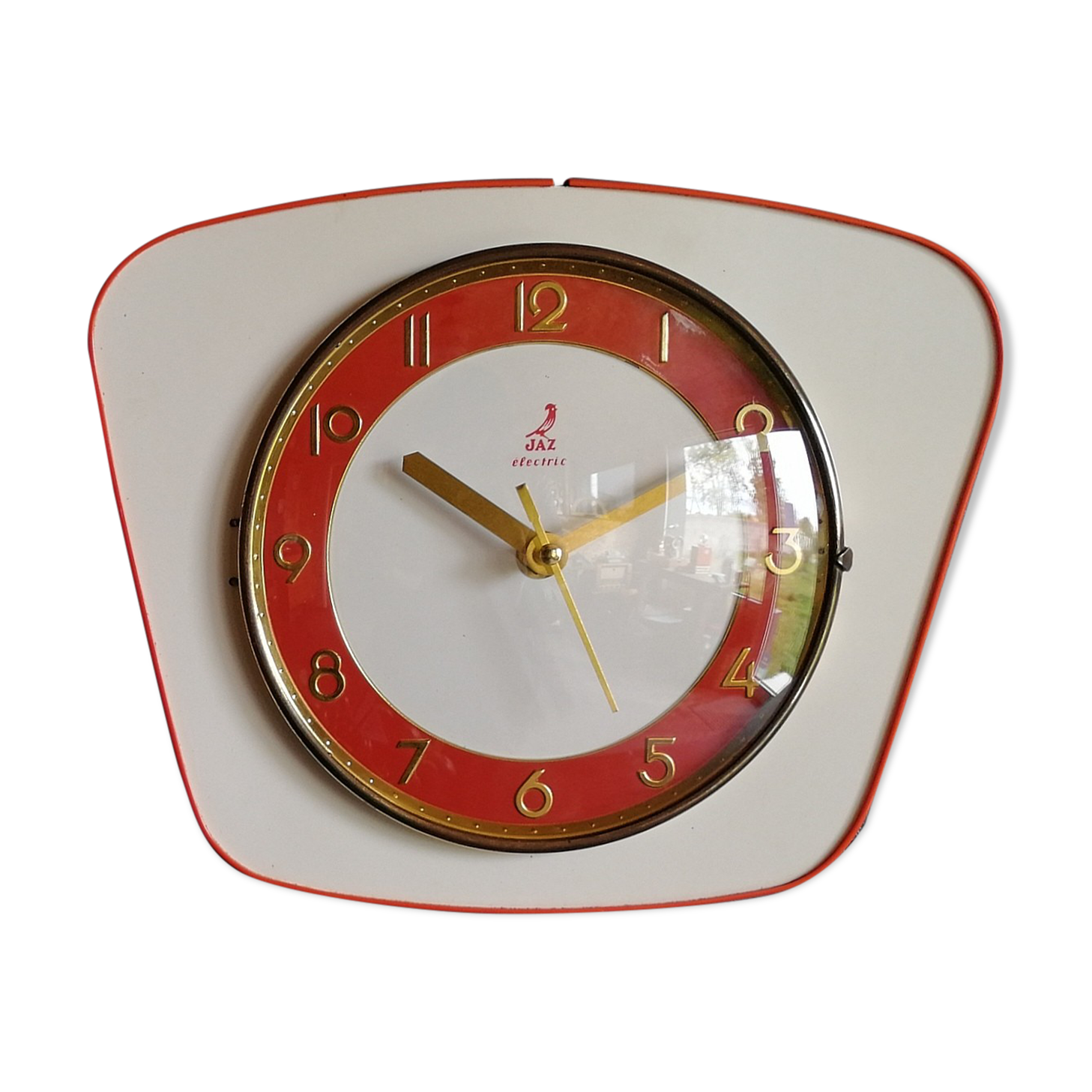 Vintage formica clock silent wall clock "Jaz white orange"