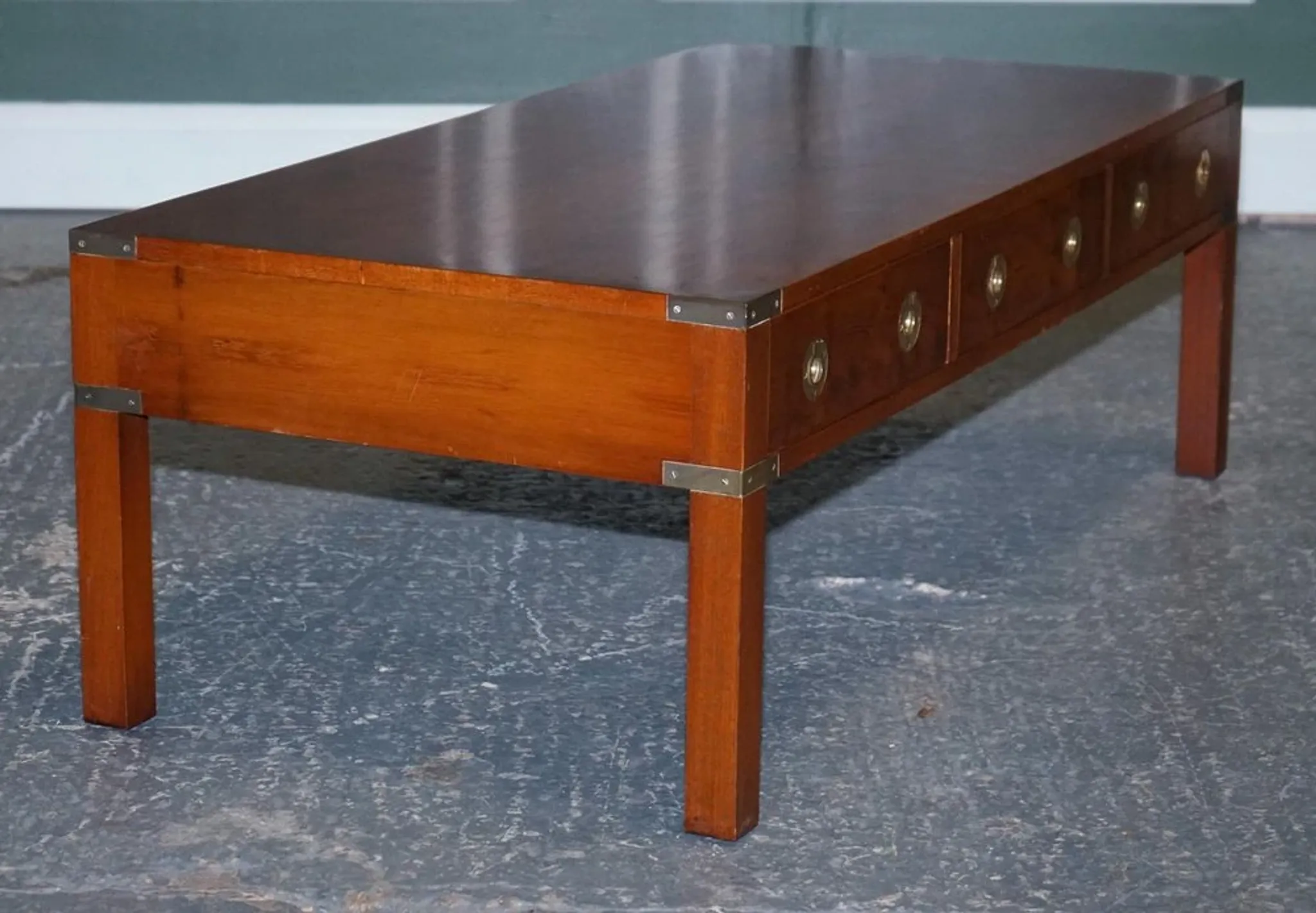 Coffee Table with 3 Drawers Military Campaign in Yew Wood, Elm and Brass, 1950s