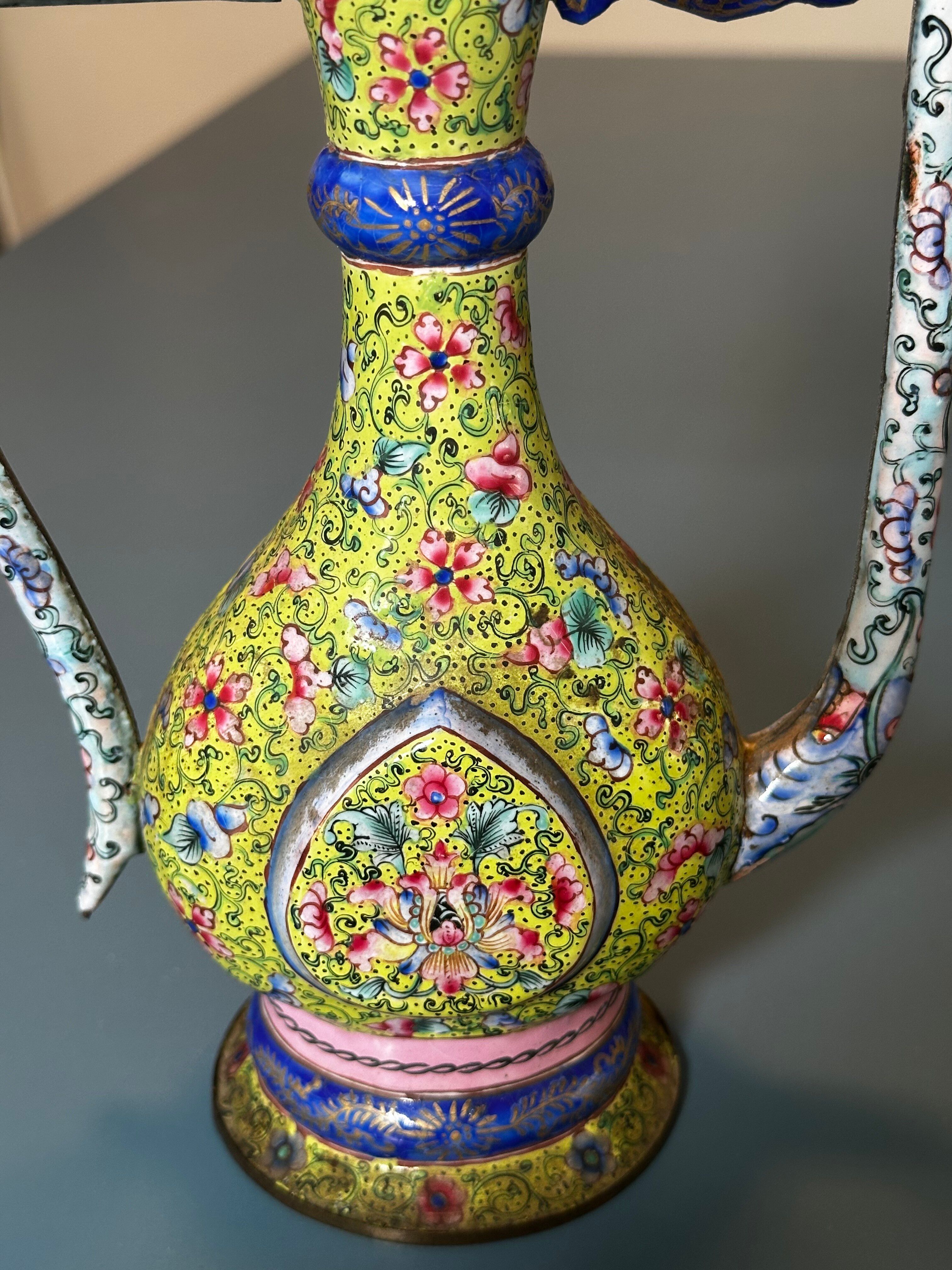Chinese ewer in painted enamel on copper – floral decoration - Canton 18