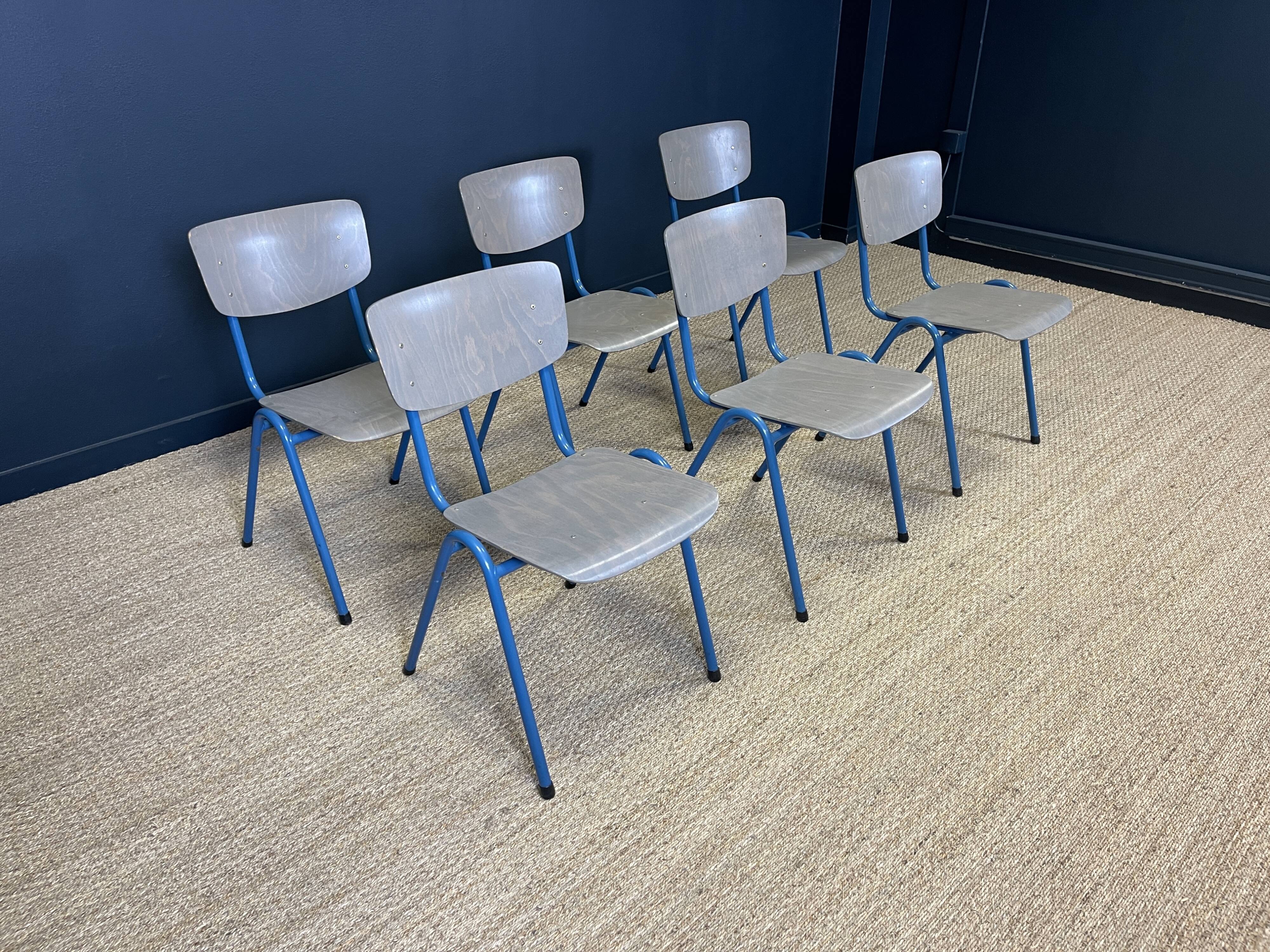 Set of 6 gray wood school chairs blue feet Netherlands 70s/80s