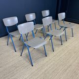 Ensemble de 6 chaises d'école bois gris pieds bleus Pays-Bas années 70/80