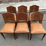 6 Art Deco gondola chairs in solid oak with brown leatherette, 1930s.