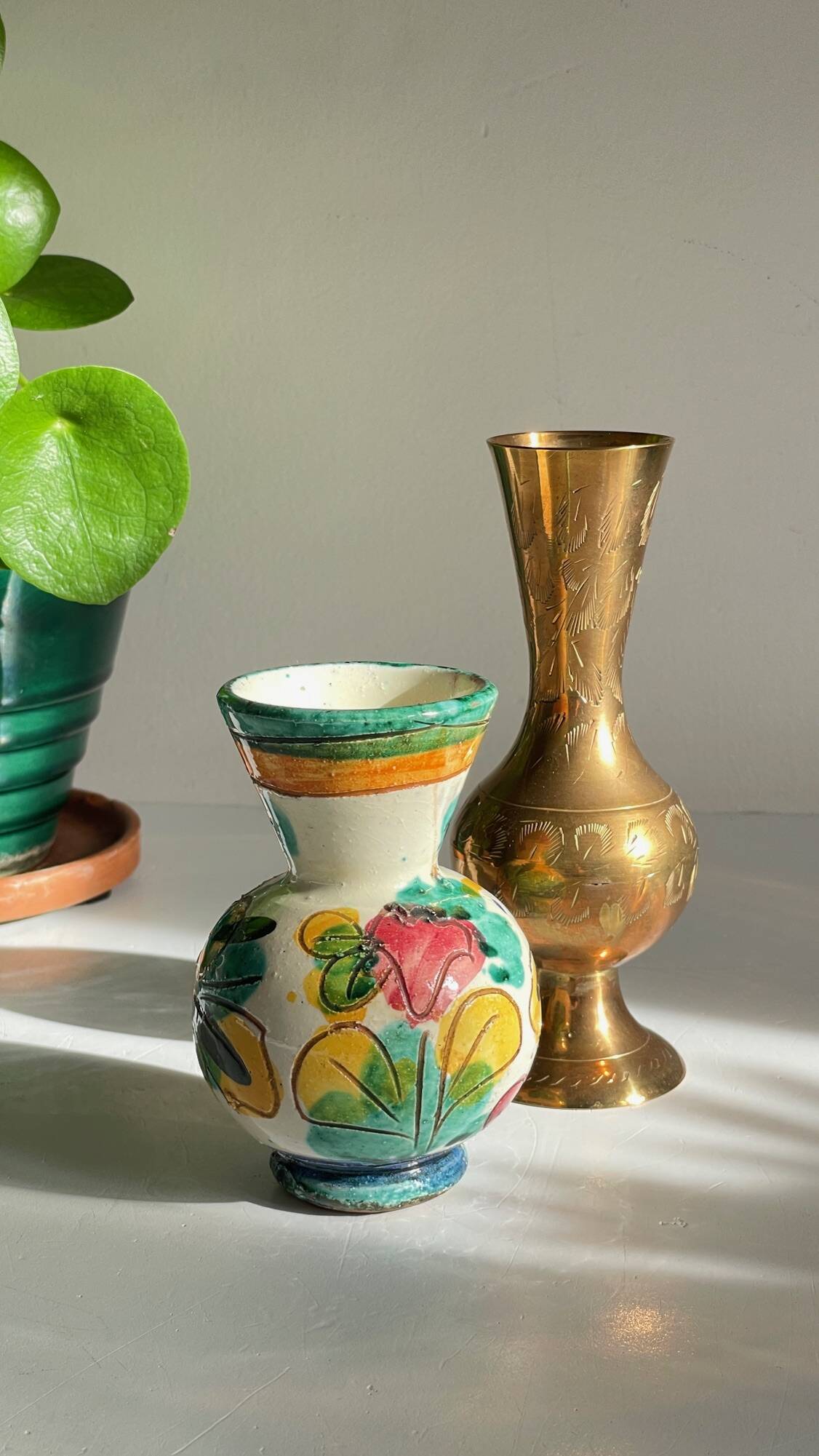 Vases céramique artisanale laiton ciselé vintage