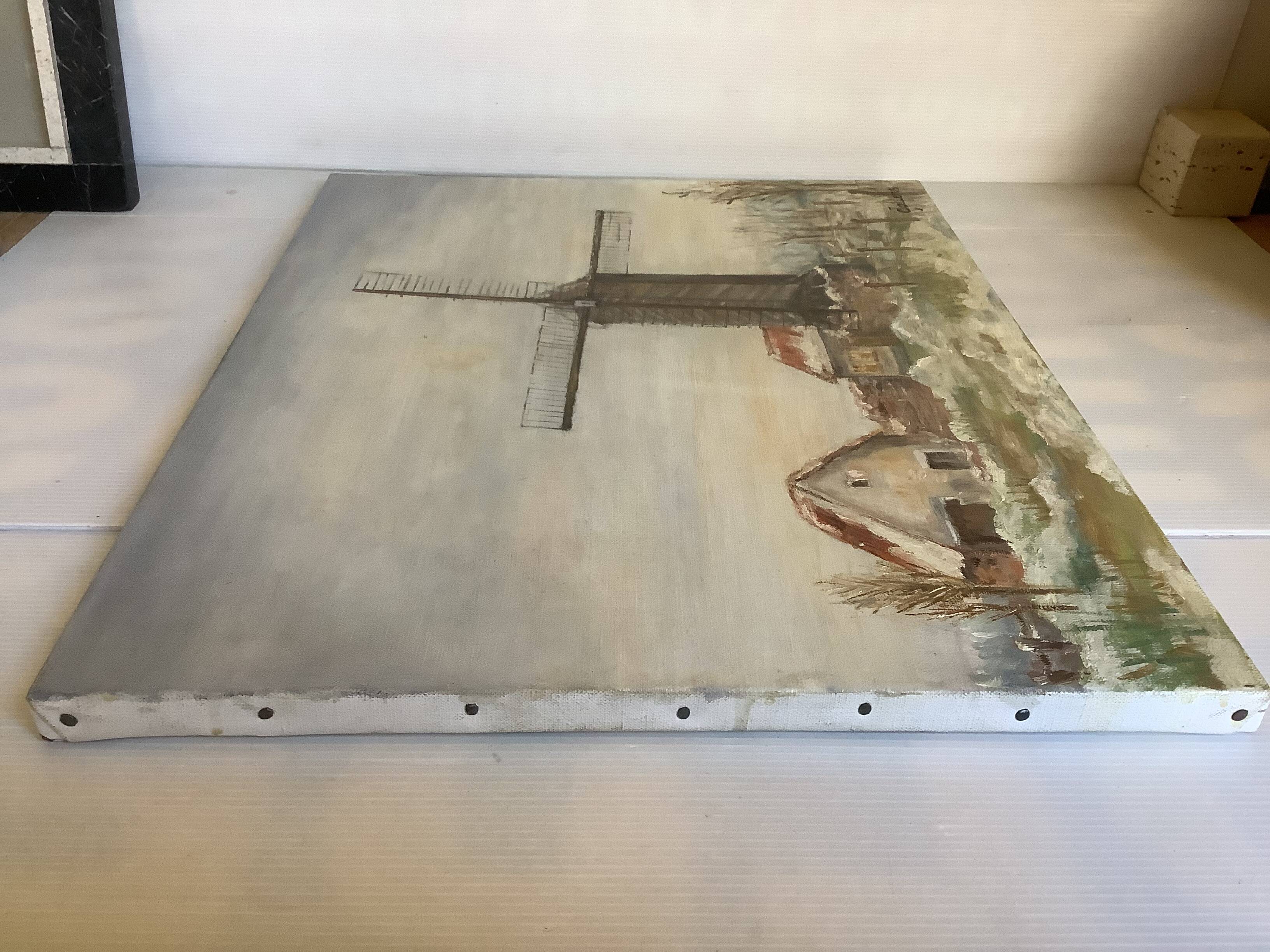 Painting winter landscape with a mill oil on canvas signed