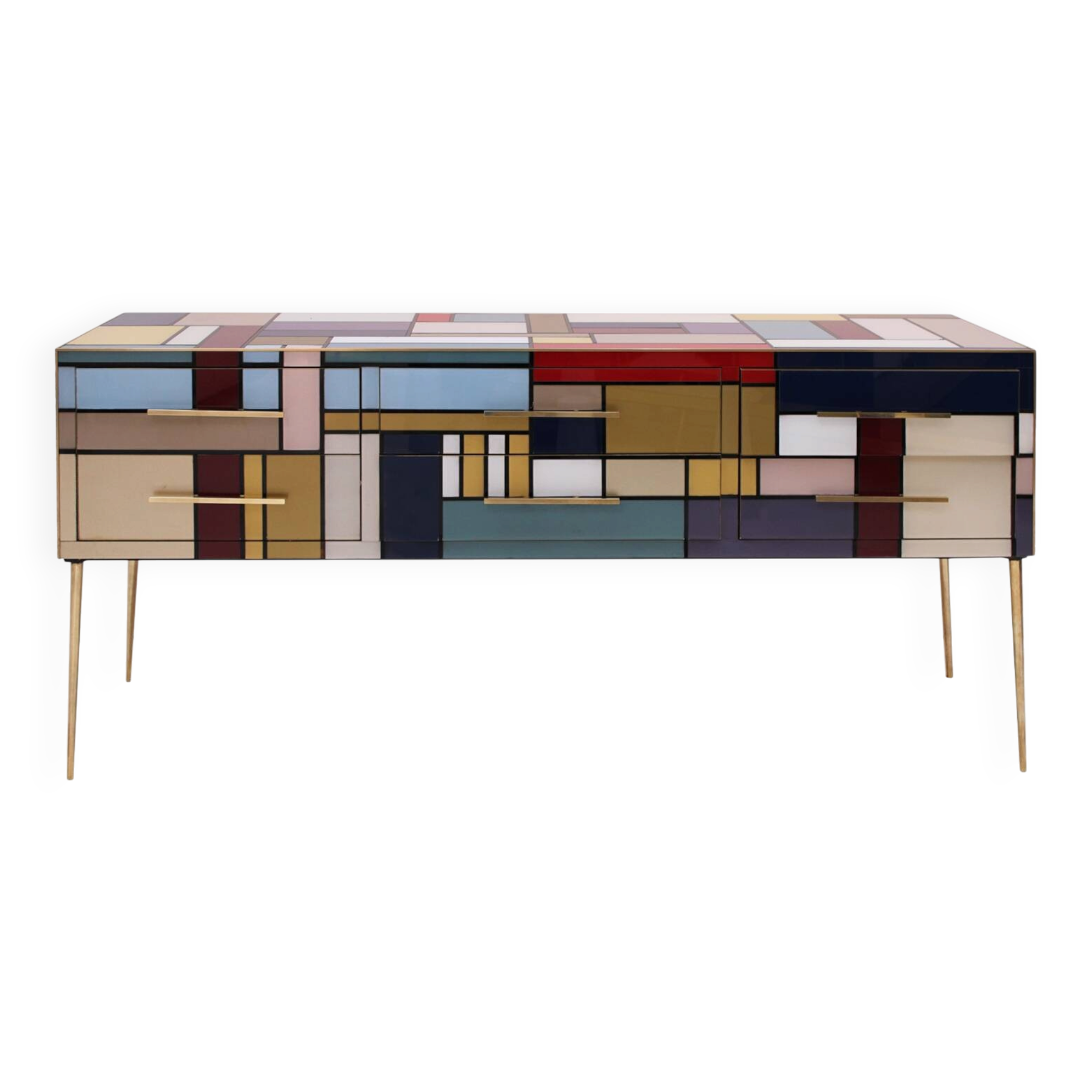 Murano Coloured Glass and Brass Sideboard Composed of 6 Drawers