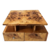 Table basse Art Déco en bois de hêtre & loupe d'orme avec des tiroirs