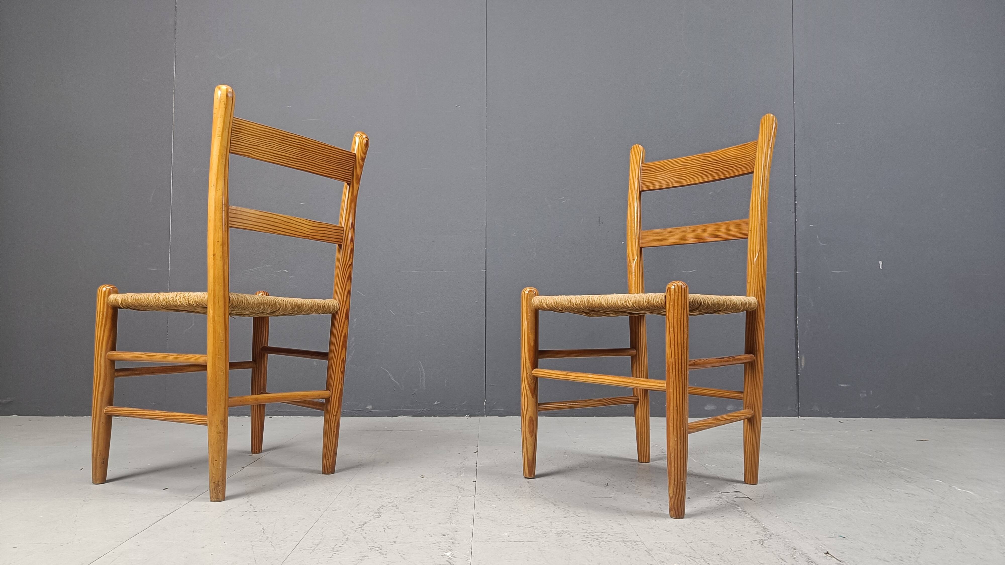 Mid century oak and wicker dining chairs, set of 4