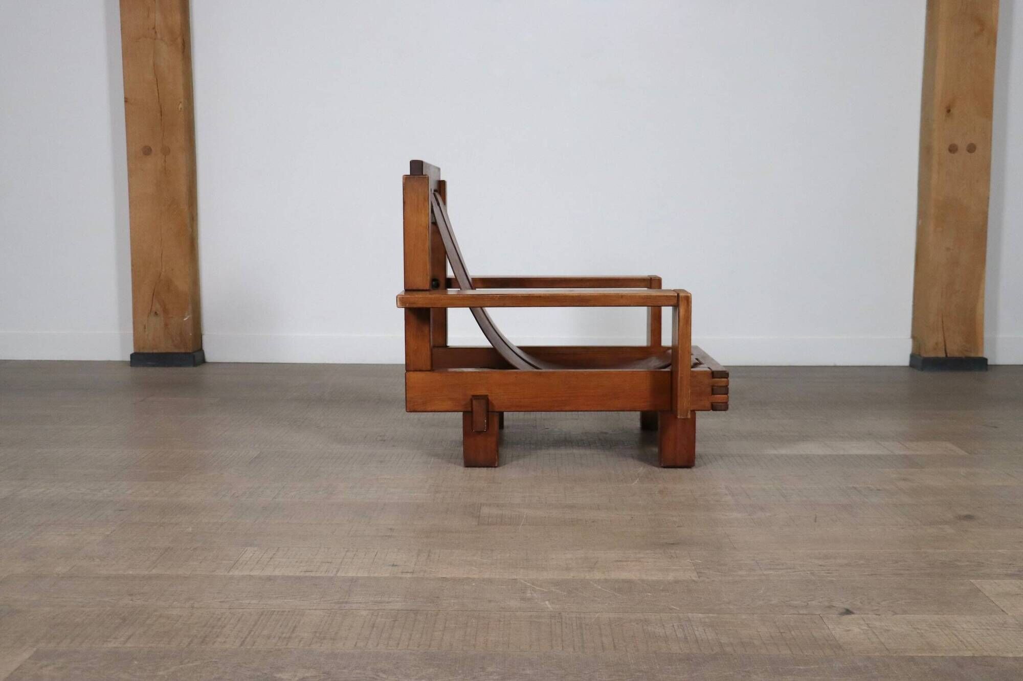 Midcentury Modern Brutalist Lounge Chair In Oak And Leather, Italy 1970s