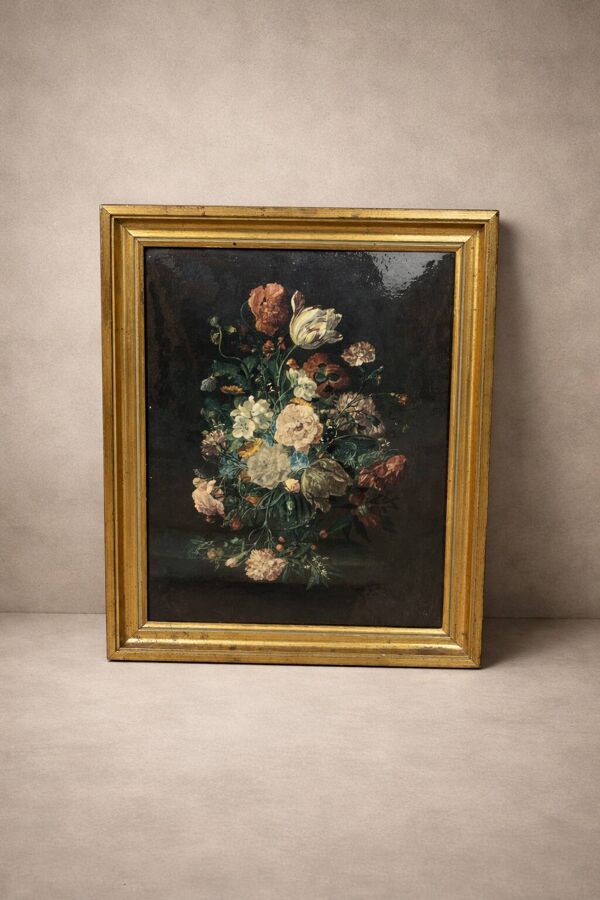 Tableau vintage nature morte sur plaque métal – cadre doré helca, fabricati