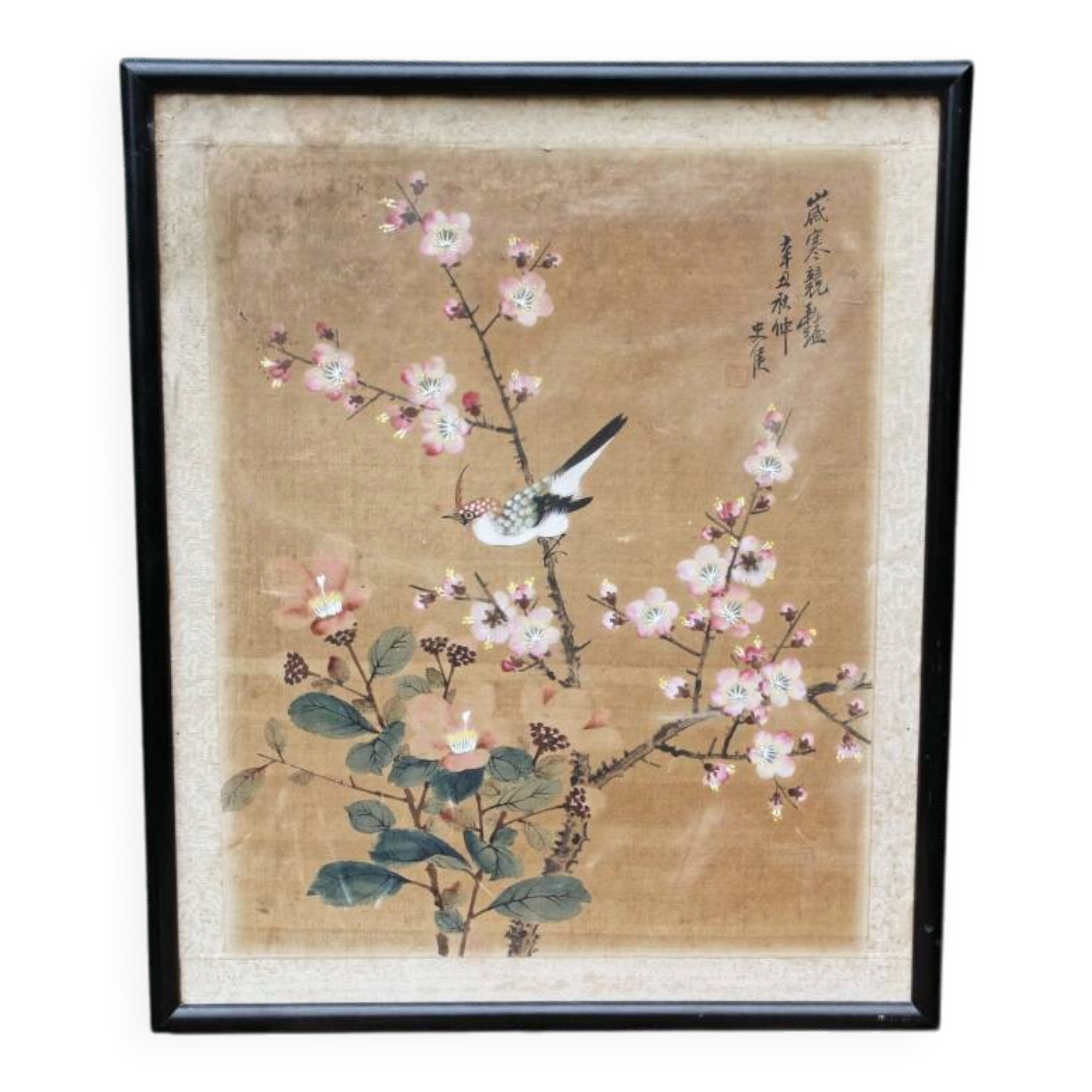 Silk painting, perched bird, China, early 20th century.