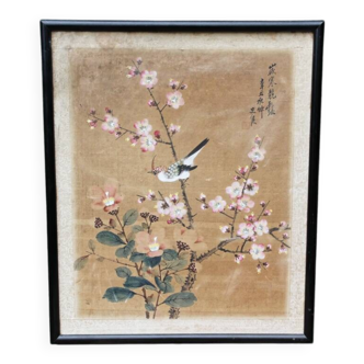 Silk painting, perched bird, China, early 20th century.