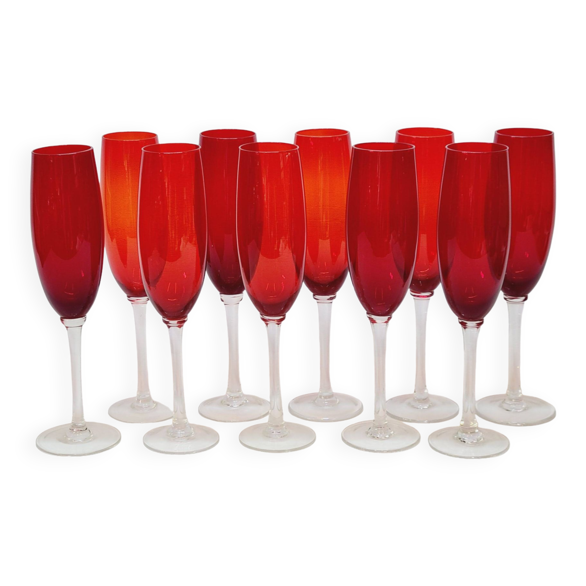 10 ruby red blown glass champagne flutes