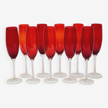 10 flûtes à champagne en verre soufflé rouge rubis