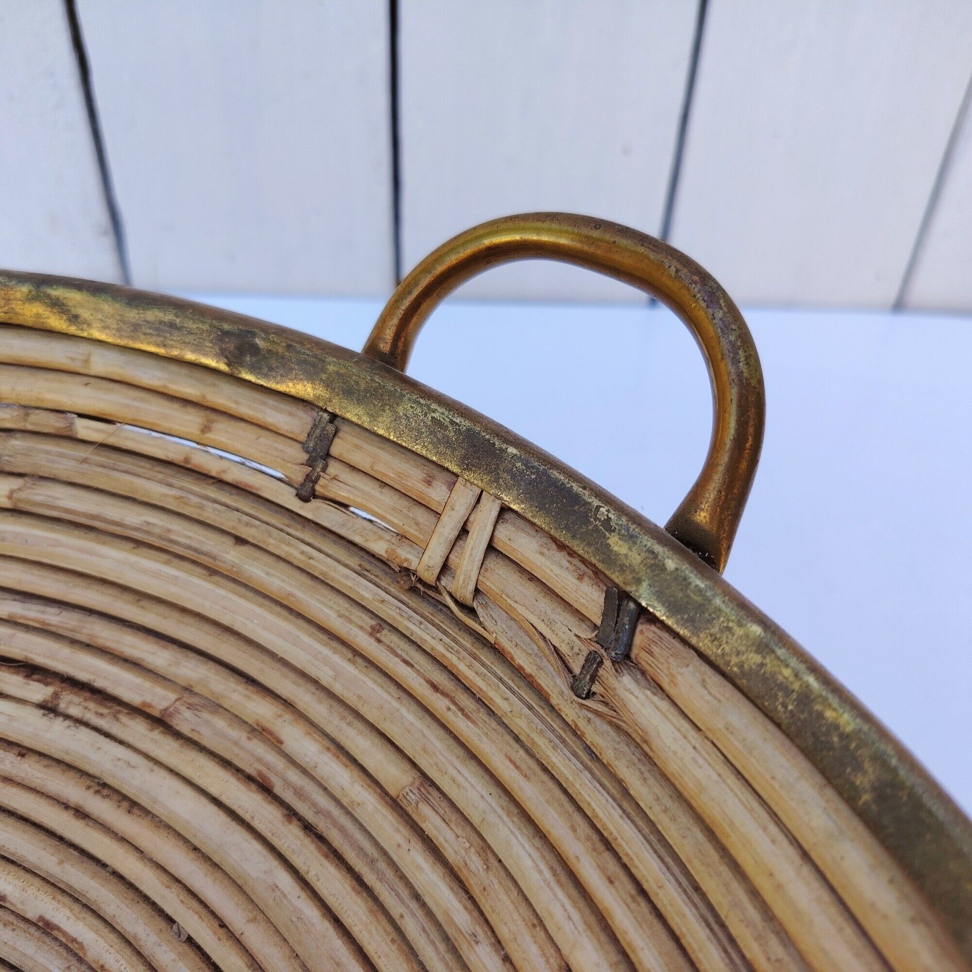Rattan and brass basket in the style of Gabriella Crespi.