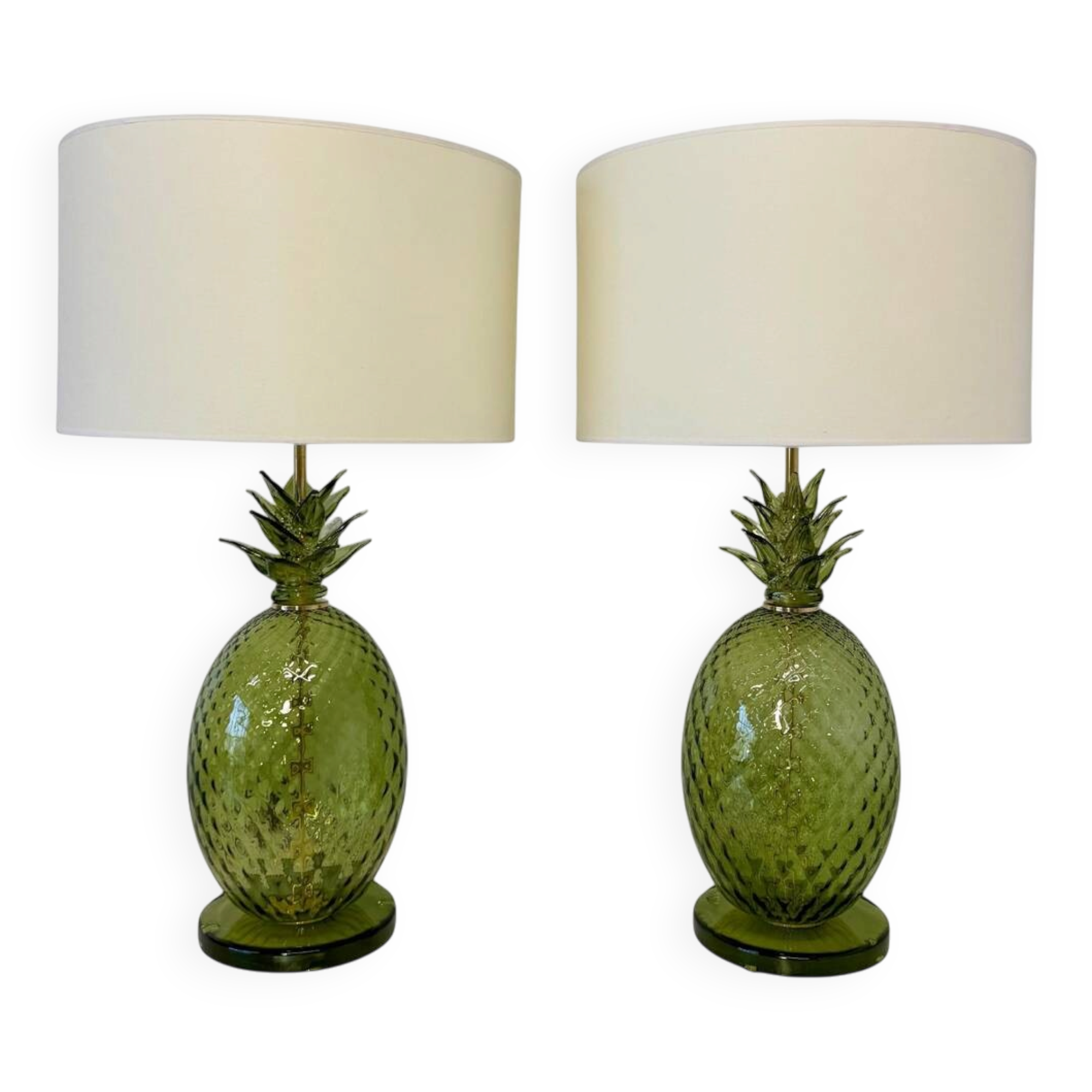 Paire de lampes en verre de Murano en forme d'ananas Art Déco italien avec abat-jours.