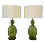 Paire de lampes en verre de Murano en forme d'ananas Art Déco italien avec abat-jours.