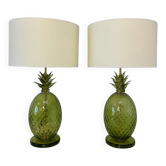 Paire de lampes en verre de Murano en forme d'ananas Art Déco italien avec abat-jours.