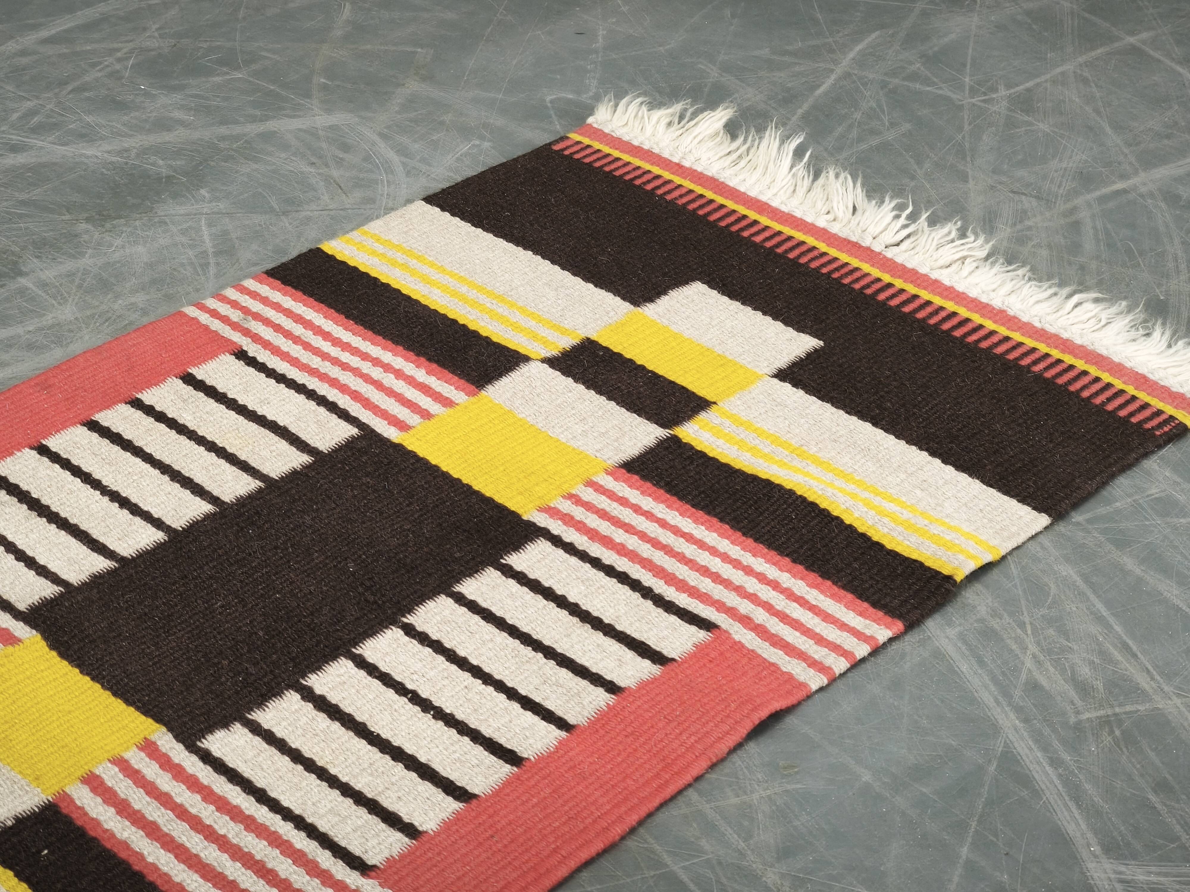 1950s Czech Geometric Wool Kilim Rug in Pink Black and Yellow