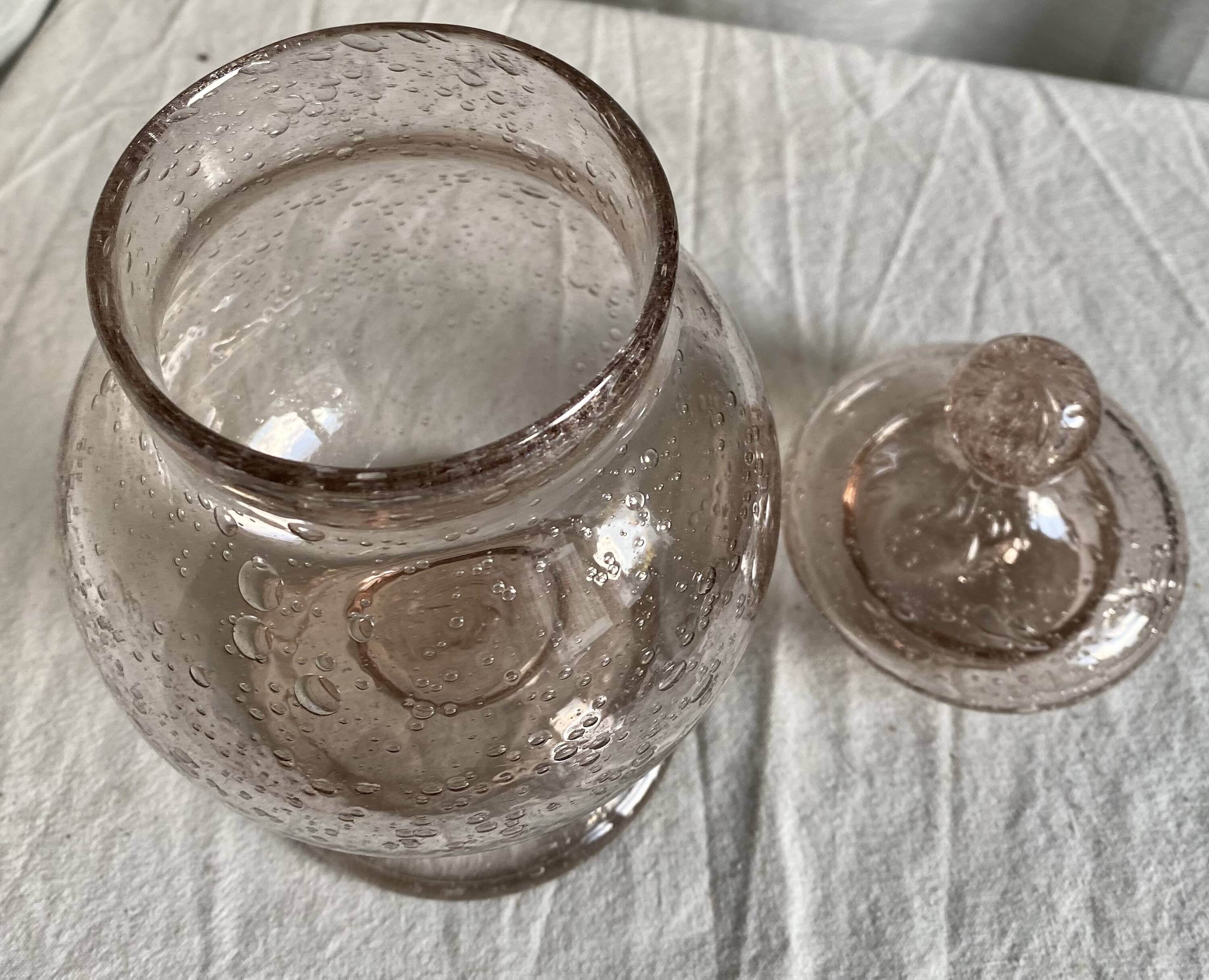 Lilac bubble glass jar with lid, signed Biot, vintage 1960-70