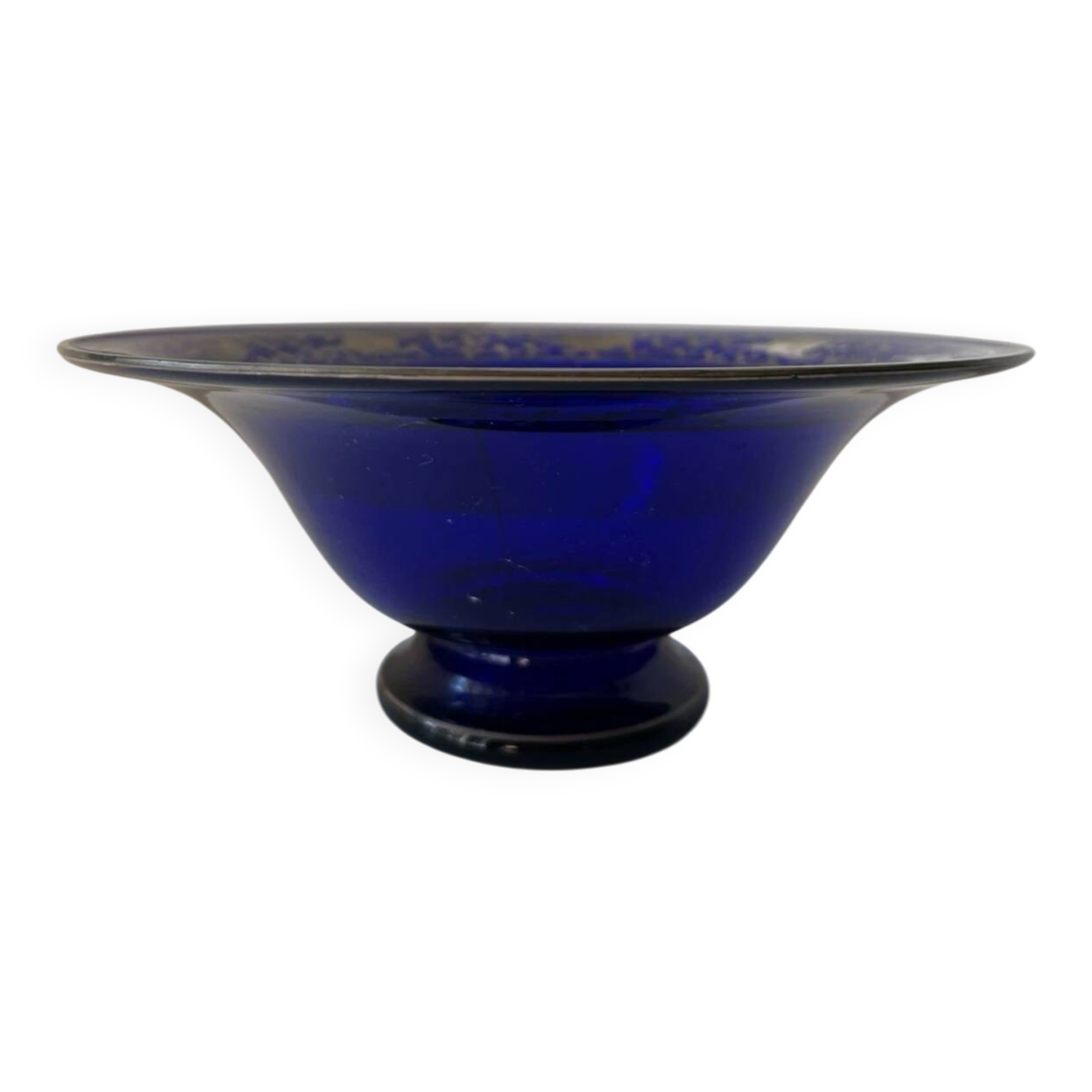 Cobalt blue glass bowl with Art Deco bird decor