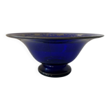 Cobalt blue glass bowl with Art Deco bird decor