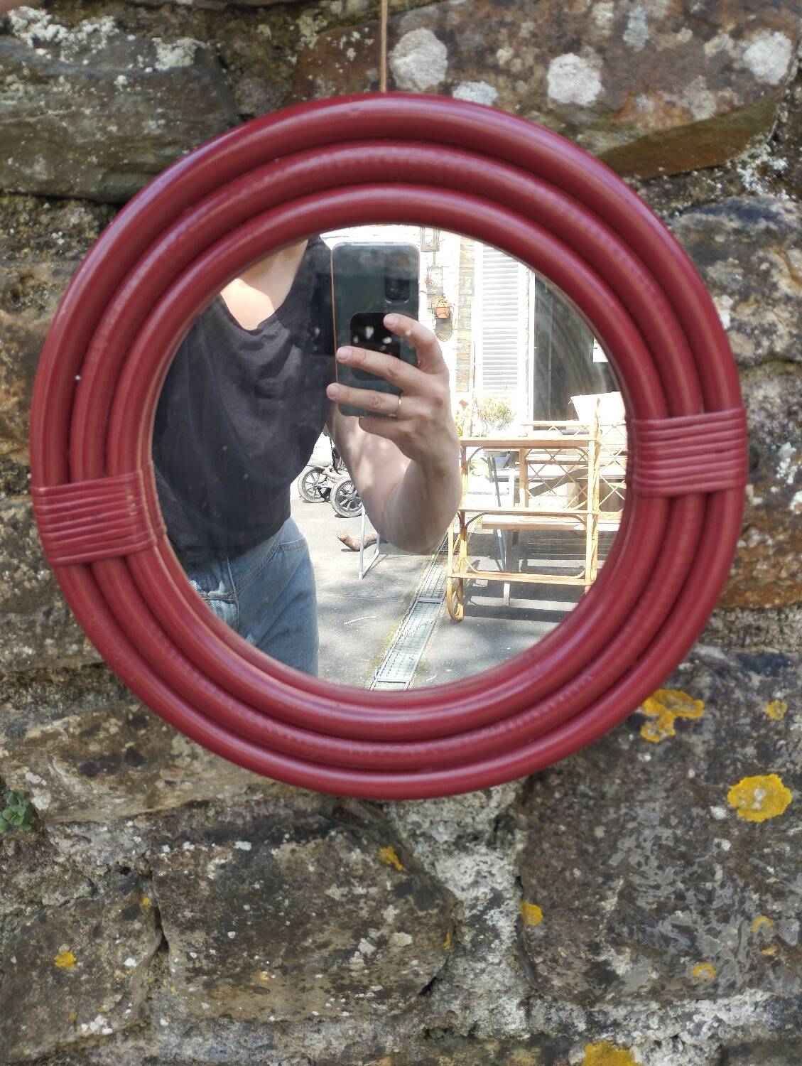 Burgundy rattan mirror