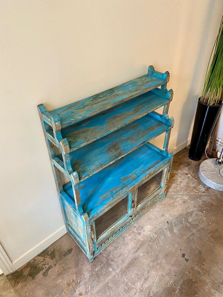 Sideboard 4 shelves and 2 glass doors in blue wood