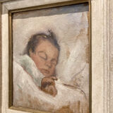 Tableau ancien, portrait bébé endormi, art nouveau