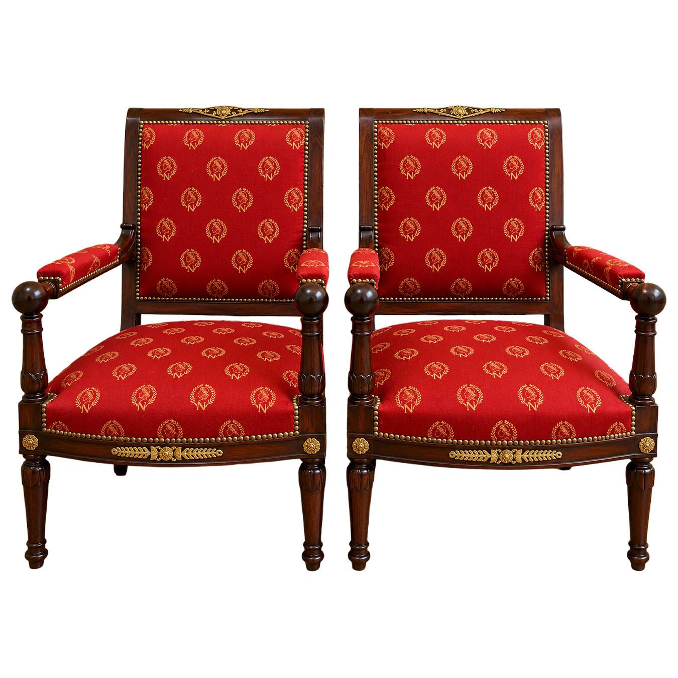 Pair of Empire period armchairs in mahogany with Napoleonic emblems - 19th century