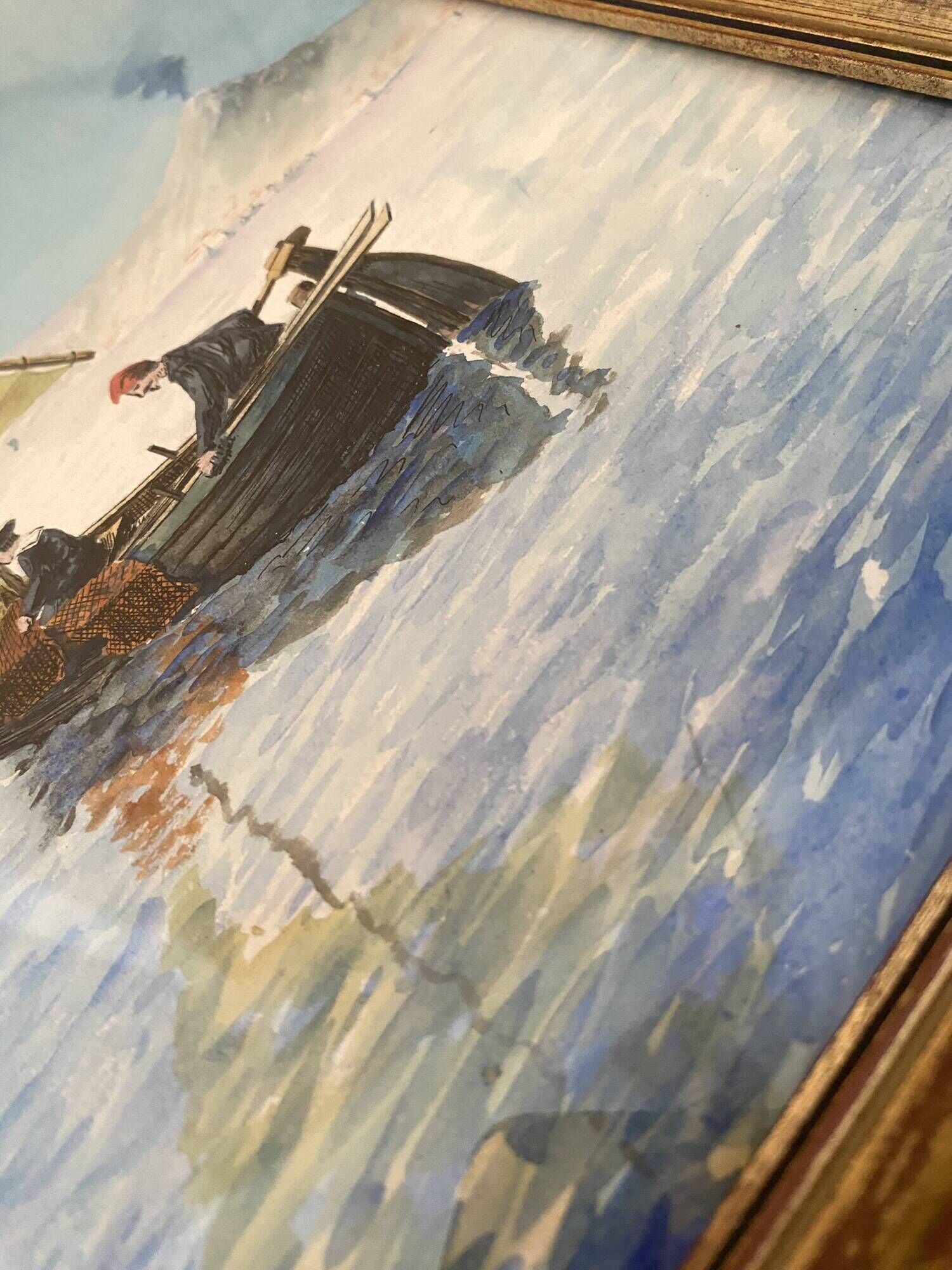 Painting "Sicilian Fishermen" framed under glass.