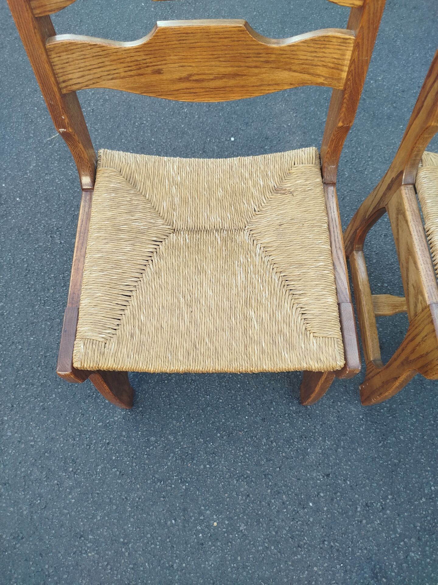 Pair of Brutalist Guillerme and Chambron Chairs in Solid Oak with Wove