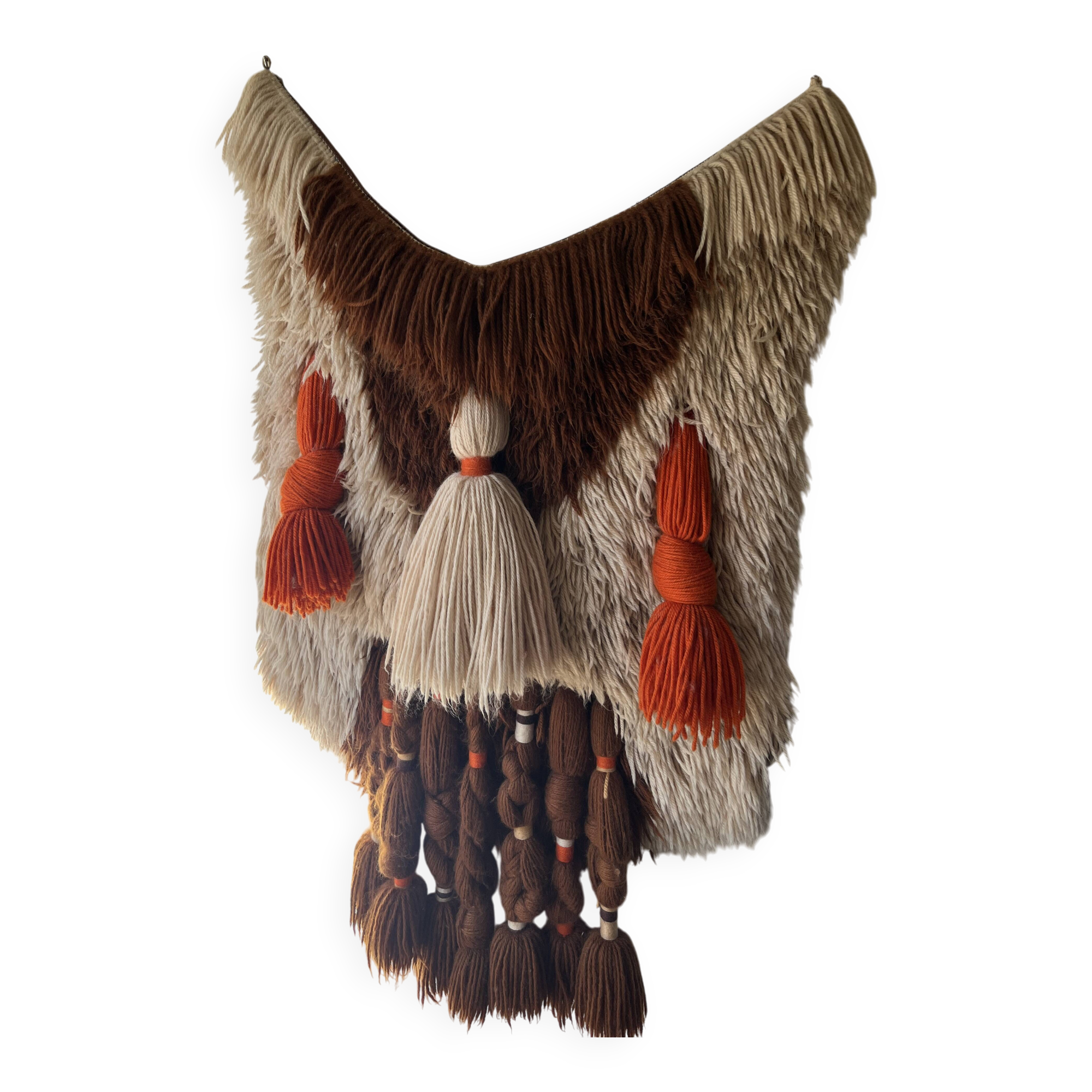 Handmade woven wool wall tapestry from the 70s and 80s, vintage macramé.