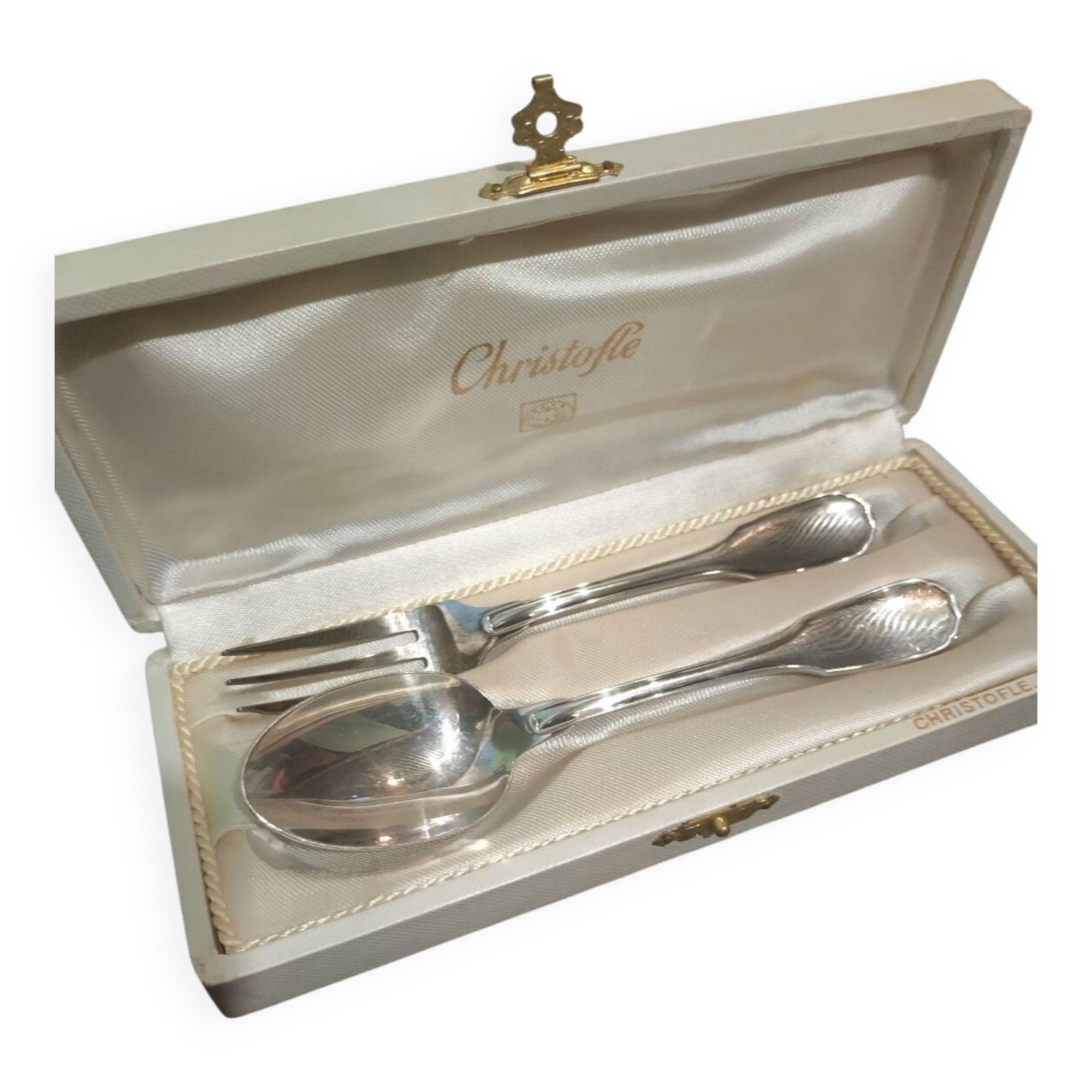 Christofle box – Child's spoon & fork – Silver-plated metal