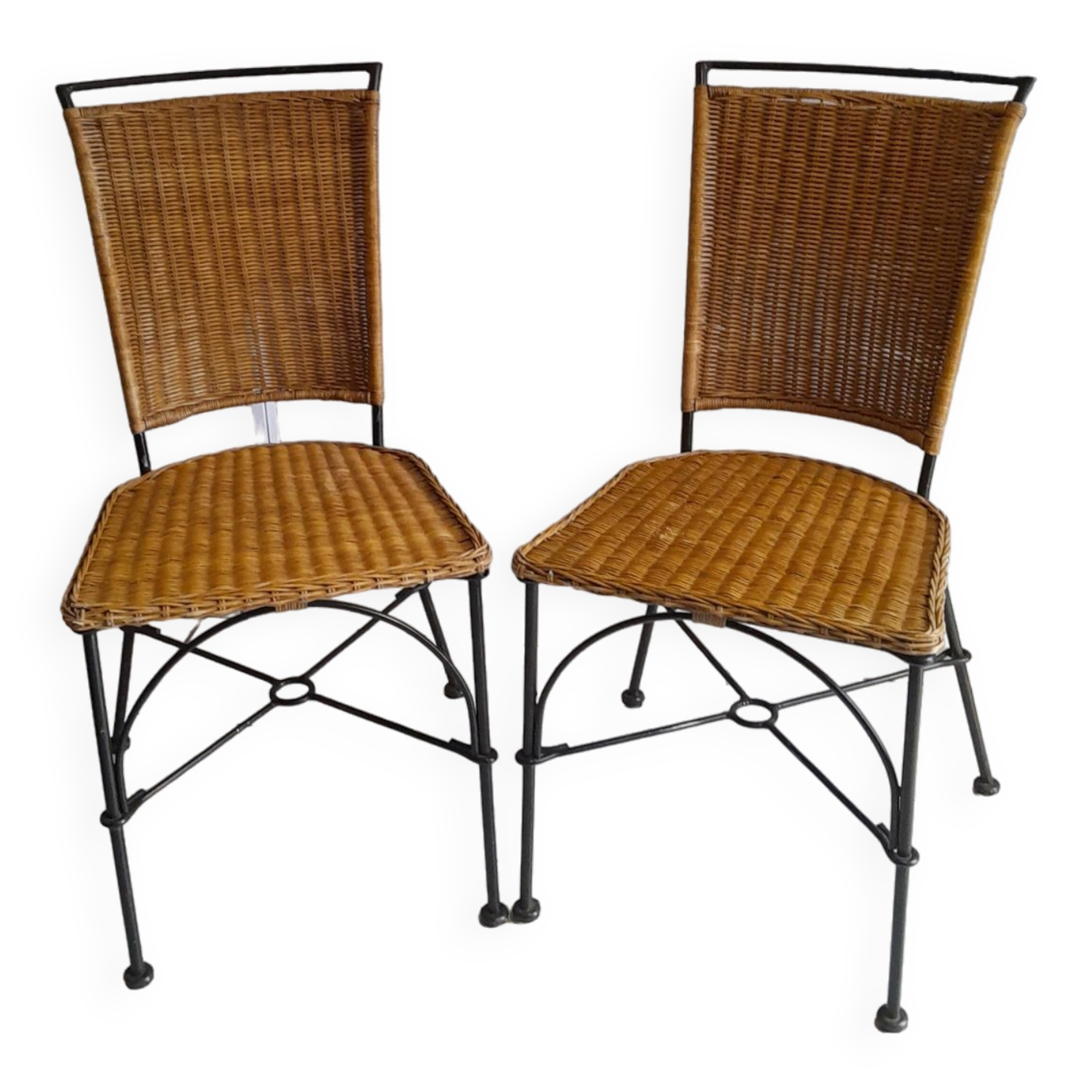 Pair of vintage wrought iron and rattan chairs