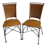Pair of vintage wrought iron and rattan chairs