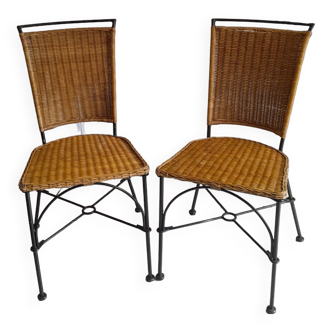 Pair of vintage wrought iron and rattan chairs