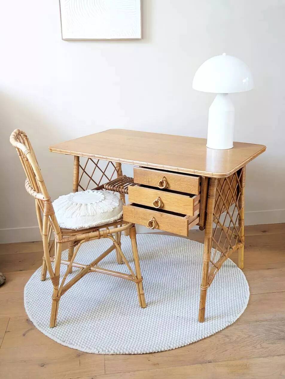 Vintage wood and rattan desk by L. Sognot