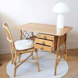 Vintage wood and rattan desk by L. Sognot