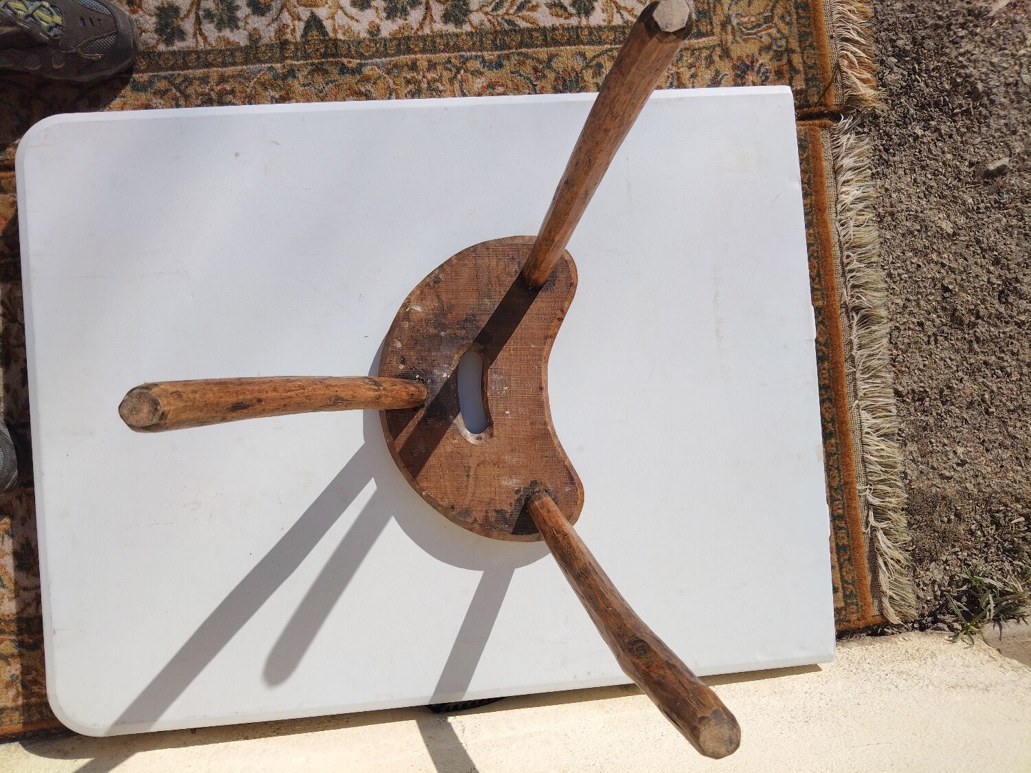 Antique tripod milking stool – folk art – patinated solid wood