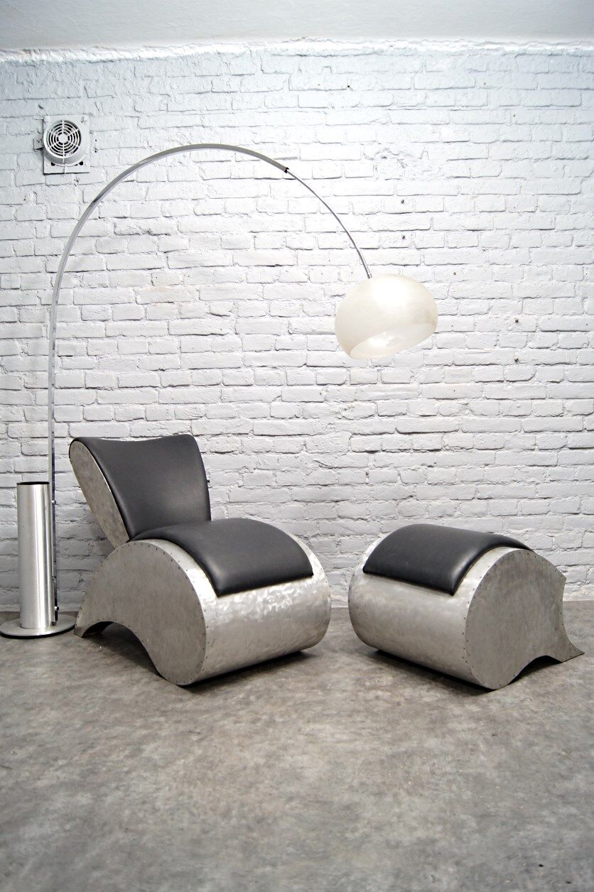 Industrial aluminum & vinyl lounge chair with footrest, 1970s